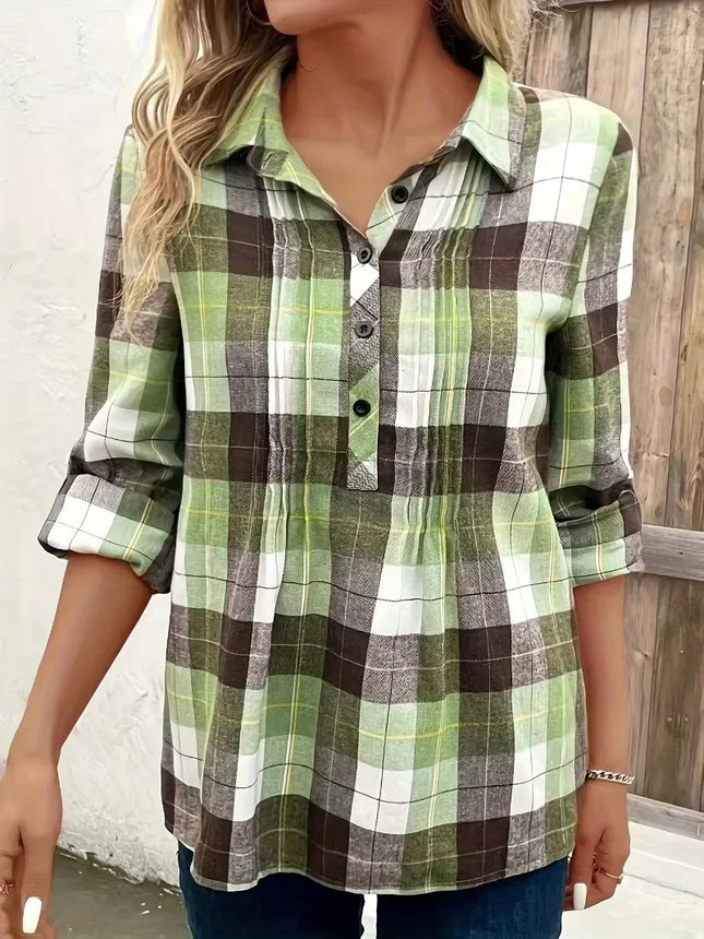 Women's Plus Size 1XL-5XL Plaid Print Long Sleeve Casual Blouse Lapel Collar Pullover Shirt Ladies Fashion Button Up Shirt Top