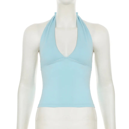 SUCHCUTE Y2K Solid Backless Halter Crop Top Women Sexy Sleeveless Low Cut V-neck Tank Tops Summer Casual Slim Vest Coquette 2025