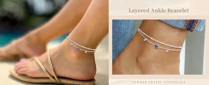 Dainty Layered Silver Anklet with Heart Charm - Elegant CZ Bracelet for Women, Waterproof & Trendy Gift