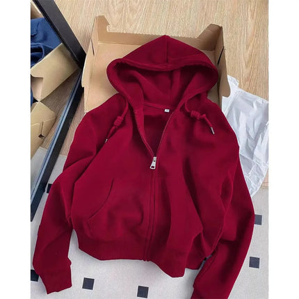 Early Autumn Chic Casual Hoodie Jackets Slim Fit Long Sleeve Cropped Top Zip-up Warm Cardigan Korean Style Hooded Sweatshirt
