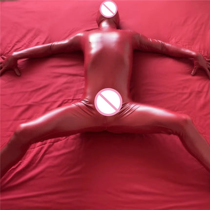 Faux Leather Bodysuit With Full Body Wrap Cosplay Full-Body Jumpsuit Hip Zip Unitard Zentai Catsuit Penis Sheath Close Ctsuit