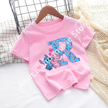Stitch Disney T Shirt for Girls Children Clothes Tops Children's Clothing Letter A-Z Cotton Short Sleeve Summer Child Cute Gifts