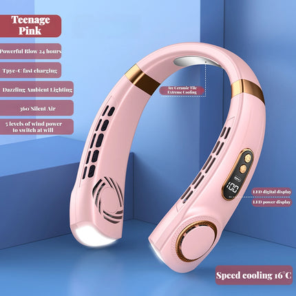 Portable Ice-Cooling Fan with LED Light, Silent Bladeless Halterneck Design for Personal Cooling and Outdoor Comfort