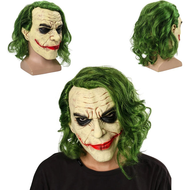 Cosplay Movie Character Bat Joker Man Hero Clown Droll With Green Hair Wig Funny Halloween Mask Full Face Party Costume Props