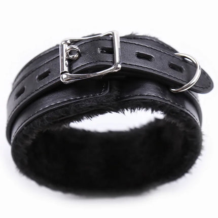 Faux Leather Plush Neck Choker Furry Collar with Metal Chain Drag Leash Lockable Harness BDSM Bondage Restraints  Sex Toys