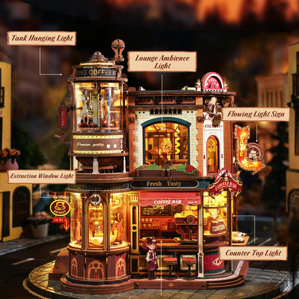 ROKR Wooden 3D Puzzle Dream Coffee Factory Music Box Model Building Kit 593-piece DIY Miniature House Kit with LED Light Unique Home Decor Gift for Adults Women