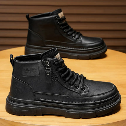 Men's Leather High-Top Boots | Lace-Up & Zipper Platform Ankle Boots | Non-Slip Work & Casual Shoes