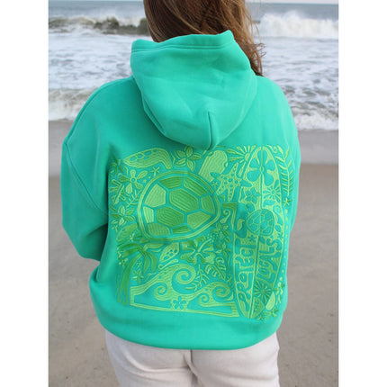 Combhasaki Women Y2K Turtle Embroidered Long Sleeve Hooded Sweatshirt with Kangaroo Pocket Drop Shoulder Loose Fit Pullover Tops