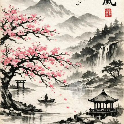 Japanese Ink Painting Landscape Spring Cherry Blossoms Canvas Print Asian Style Wall Art Poster for Living Room Home Decor Gift