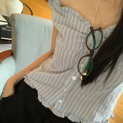 Korean Sle ort Striped Vest Women Summer Outerwear Subtle Design Single Button Lobone Trendy Age-Defng Top