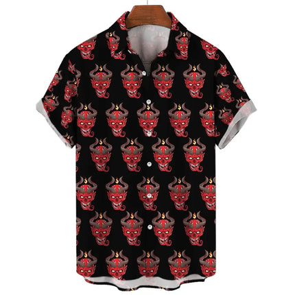 Devil Pattern Men's Shirts Oversized Shirt Loose Casual Double Patchwork Red Imp Party Festival Camisas Original
