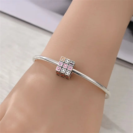 Original 925 Sterling Silver Charms Bead Inlaid Zirconium Jigsaw Puzzle Pendants Gift Fit Bracelet Jewelry DIY Marking