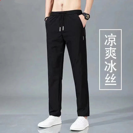 Summer Ice Silk Men's Pants Elastic Straight Leg Sweatpants Black Gray Thin Business Casual M-5XL Outdoor Breathable