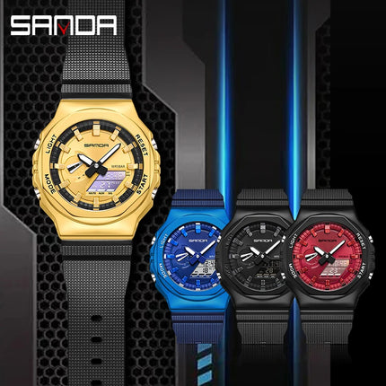 SANDA 3167 Top New Style Men's Casual Military Outdoor Sport Wrist Watch Quartz 50M Waterproof Fashion Dual Display Men's Watch