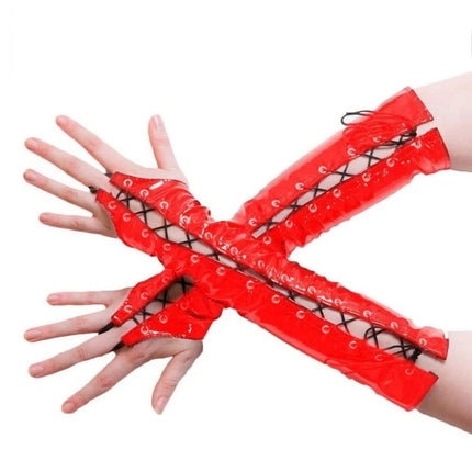 Sexy Long PVC Women Black Red Gloves Ladies Fetish Faux Leather Black Bandage Gloves Clubwear Sexy Cosplay Costumes Night Club