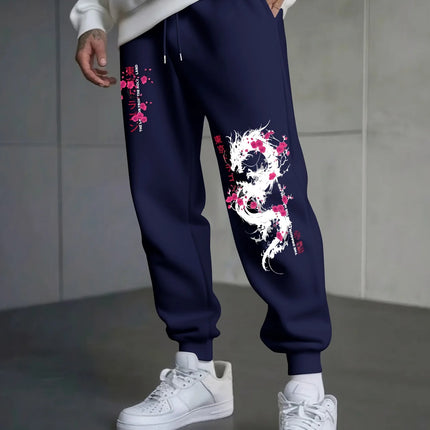 Japanese-Style Dragon And Cherry Blossom Print Autumn And Winter Men'S Fleece-Lined Casual Pants