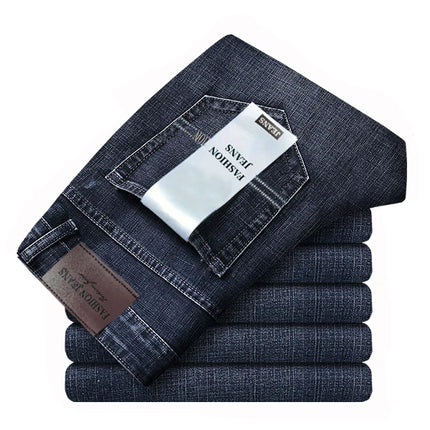 Spring Summer Classic Pocket Men Fit Straight Thin Jeans Cotton Elastic Middle Waist Business Casual Lightweight Pants