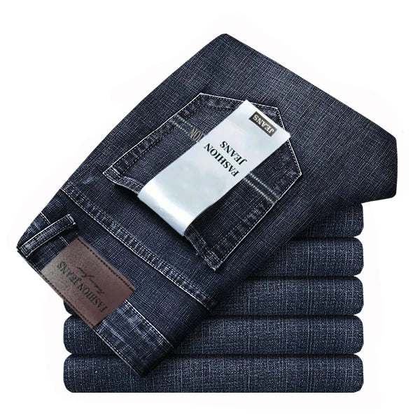 Spring Summer Classic Pocket Men Fit Straight Thin Jeans Cotton Elastic Middle Waist Business Casual Lightweight Pants