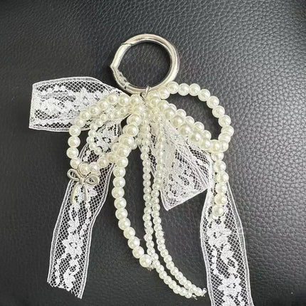 Imitation Pearls Lace Bowknot Keychain Sweet Beaded Pendant Keyring for Women Handbag and Backpack Key Chain Exquisite Ornament