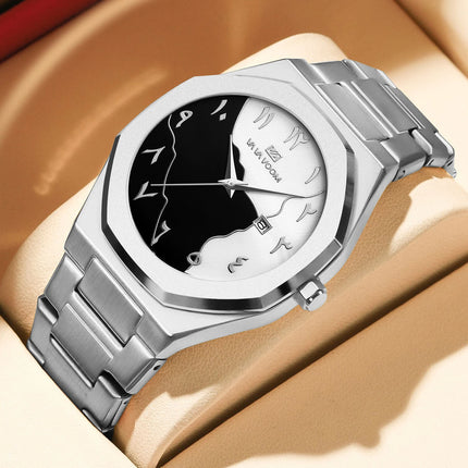 Top Brand Men Watch Marble Dial 42mm Arabic Scale Clock Silver Stainless Steel Quartz Movement Sports Business Wristatch for Men