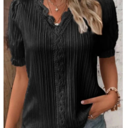 Women's Summer New Top Solid Sexy V-Neck Hollow Short Sleeve Shirt Fashion Splice Plus Size Blouse Loose Street Apparel
