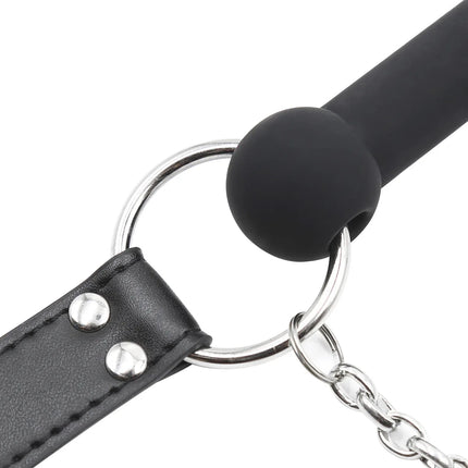 Leather BDSM Head Harness Silicone Mouth Bit Gag with Lead Chain Restraint Gear Adult Sex Toy for Men Women Fetish Role Play
