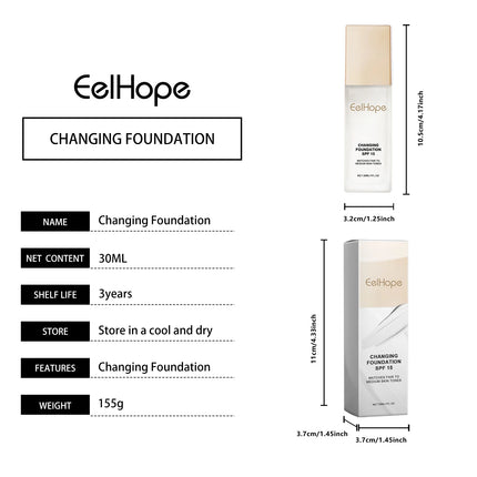Color Changing Foundation Moisturizing Hides Wrinkles Lines SPF 15+ Hydrating Color Longwearing Waterproof Makeup Base Concealer