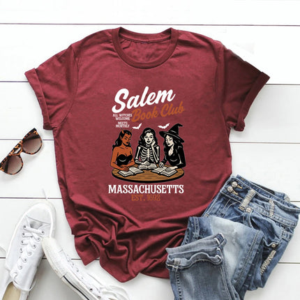 Witchy Book Club T-Shirt Spooky Girl Reading T-shirt Book Lover Halloween T-shirt Casual Women Graphic T-shirts Witches Salem Tee