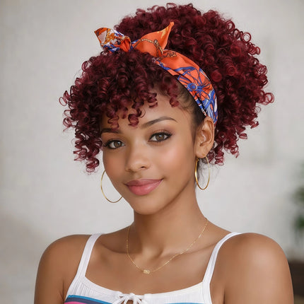 Short Curly Afro Puff Drawstring Ponytail, Ombre Burgundy Synthetic Hair Bun with Bangs, Kinky Curly Updo Hairpiece for Women