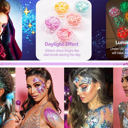 12 Colors Glitter Gel Makeup Glow in The Dark Body Glitter Gel UV Face Glitter for Women Festival Party Glitter Makeup Gel