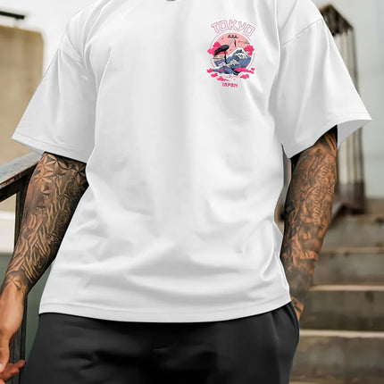 Men's Summer 100% Cotton Tokyo Casual Pattern Printed Fashionable Loose Round Neck Short Sleeve T-Shirt Top
