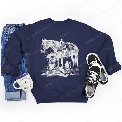 Women Oversized Sweatshirt, Cowgirls Horse & Dog Print Crew Neck Sweatshirts Casual Long Sleeve Plus Size Hoodless Pullovers