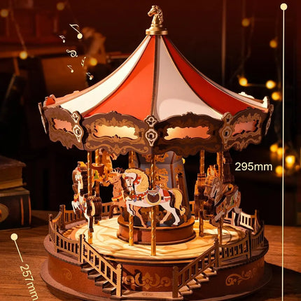 Robotime 3D Wooden Puzzle Carousel Music Box With LED Lights Gear Model Building Construction Craft Kits Xmas Gifts for Adult