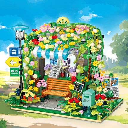 City street scene series building blocks toys, DIY architectural model bus stop assembly toys, girls' holiday gifts.