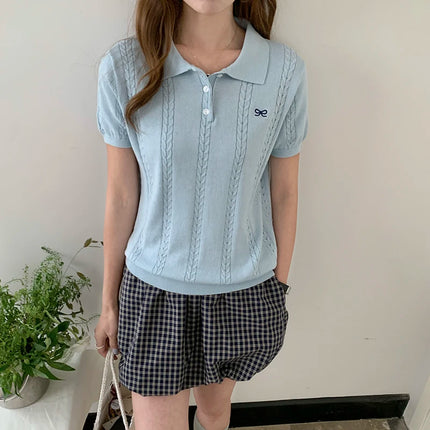 Summer 100% cotton women's T-shirt casual knit pullover short sleeved loose POLO collar Tees Pull luxury brand embroidery Tops