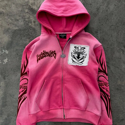 Y2K New Korean Version of College Style Spice Girl Zipper Hoodie Women Harajuku Casual Loose Fleece Thick Sweatshirt Punk Hoodie
