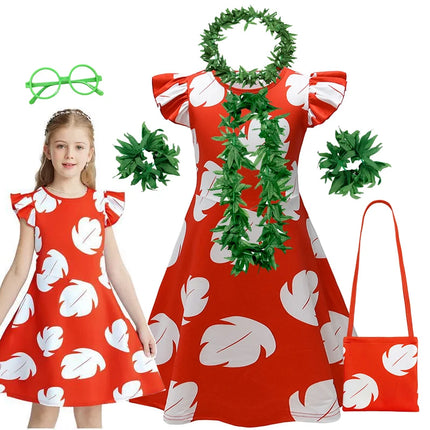 Disney Anime Lilo&Stitch Cartoon Dress for Girls Summer Hawaiian Red Leaf Print Kids Cosplay Knee Length Flying Sleeves Dresses