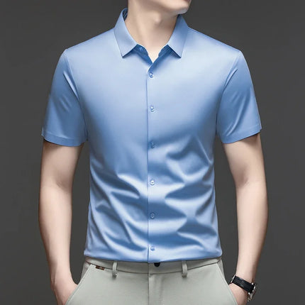 Summer Men Short Sleeve Button Up Shirt Ice Silk Casual Business Formal Shirt Breathable Wrinkle Free