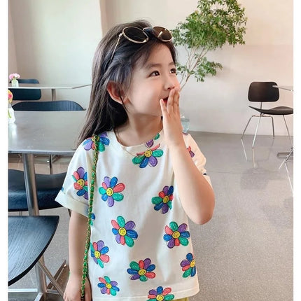 1pcs Summer Kids Flower Print Tops Clothes Girls Korean Style Shirt Children Short Sleeve T-shirts Child Casual Comfort T Shirs