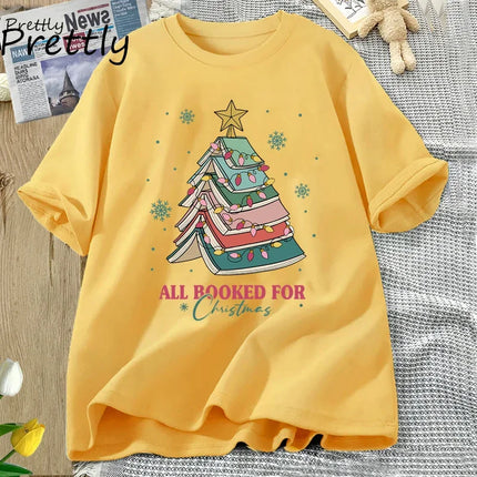 Book Tree Christmas T Shirt All Booked for Christmas T-shirt for Book Lover Librarian Teachers Tees Bookish Cotton Tshirt