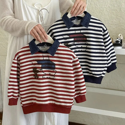 Children Polo Shirts 2025 Autumn Denim Tops for Kids Boys Striped Jumper Cartoon Girls Pullover Toddler Sweatshirts Baby Clothes