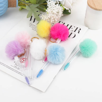 5pcs Gold Keychain Tube Eyelash Brush Eyebrow Comb Microbrush Lash Extension Micro Brushes Makeup Tool Fluffy Fur Ball Decorate