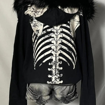 Autumn American Vintage Gothic Punk Outerwear Women's Fur Collar Skull Print Y2K Subcultural Hoodie Harajuku Casual Street Wear
