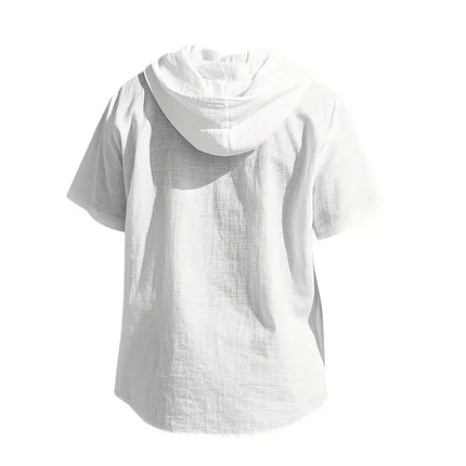 Cotton Linen Shirt for Men Hooded Short Sleeve Solid Color Breathable Lightweight Drawstring Design Shirts Casual Basic Tees