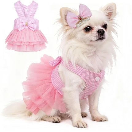 Dog Dress Girls Summer Clothes for Dogs Cat with Bowknot Clips Lace Striped Pet Suspenders Puppy Princess Dresses Dog Tutu Skirt