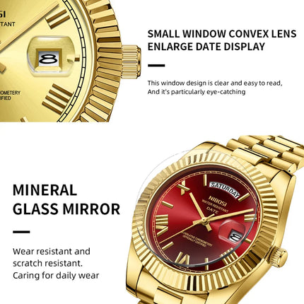 NIBOSI Brand Luxury Gold Red Quartz Watch for Men, Stainless Steel, Waterproof, Luminous, Date, Week, Fashion Men's Watches, Reloj Hombre