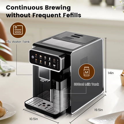 Mcilpoog AM7203 Automatic Espresso Machine ，Built-In Milk Frother & Tank, 7 Coffee Varieties, Touchscreen