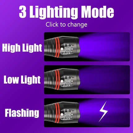 395nm LED UV Flashlight Rechargeable Zoomable Torch Light for Pet Urine Stain Detector Tools Lantern Money Fluorescer Detector