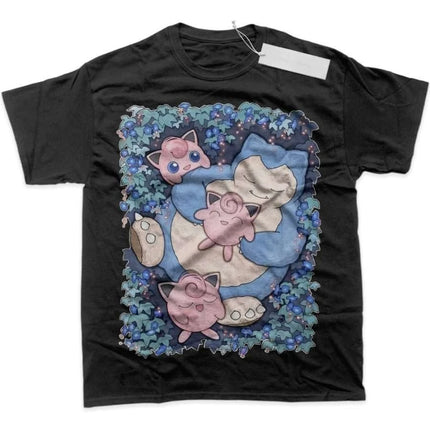 Men's T Shirt Men's Sports T Shirt Men's Short Sleeve T Shirt Pokemon Snorlax Sleeping with Two Jigglypuff on Blue Purple Leaf