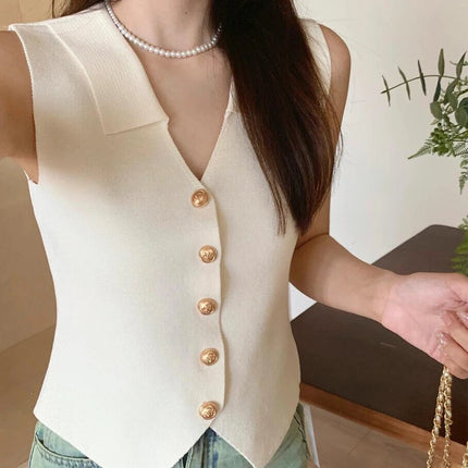 Women's French Temperament V-neck Sleeveless Slim Fit Knitted Vest Single Breasted Elegant Style